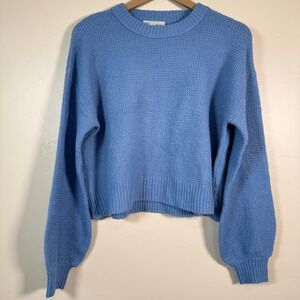 Saturday Sunday Anthropologie Blue Puffy Sleeve Cropped Sweater Med Waffle Knit
